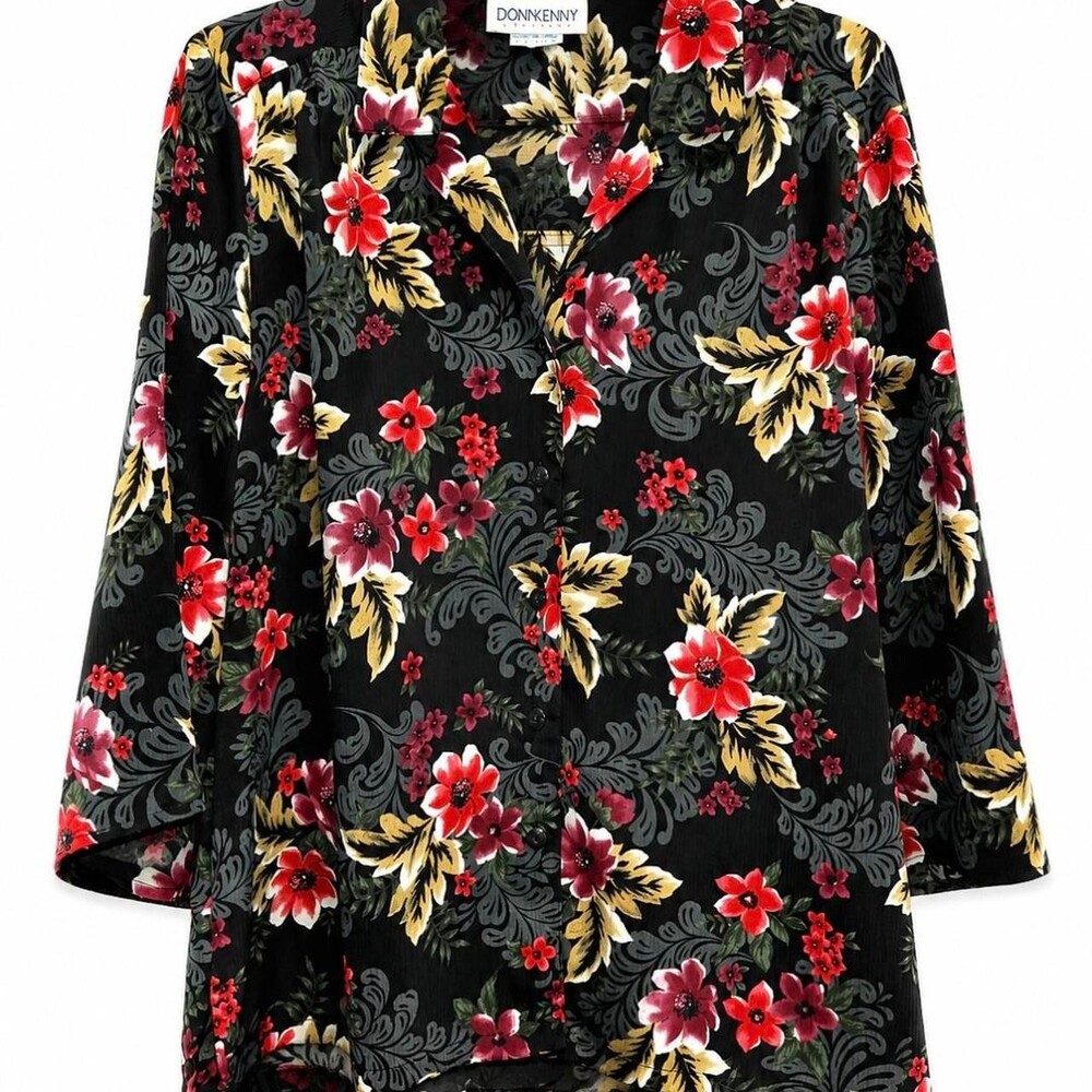 Vintage DonnKenny black floral polyester blouse with red, pink, and yellow flowe